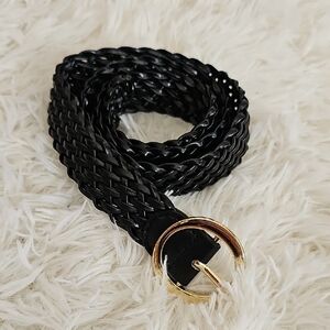 Elegant Black Braided Belt with Gold Buckle